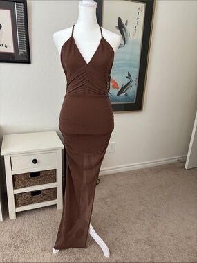 New Capuffy Brown Halter Ruched Maxi Dress
